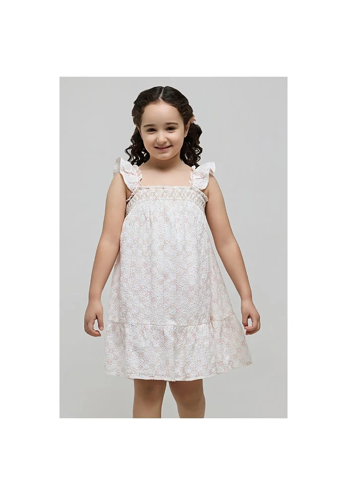 R&b Schiffli Dress with Square Neck and Ruffle Sleeves
