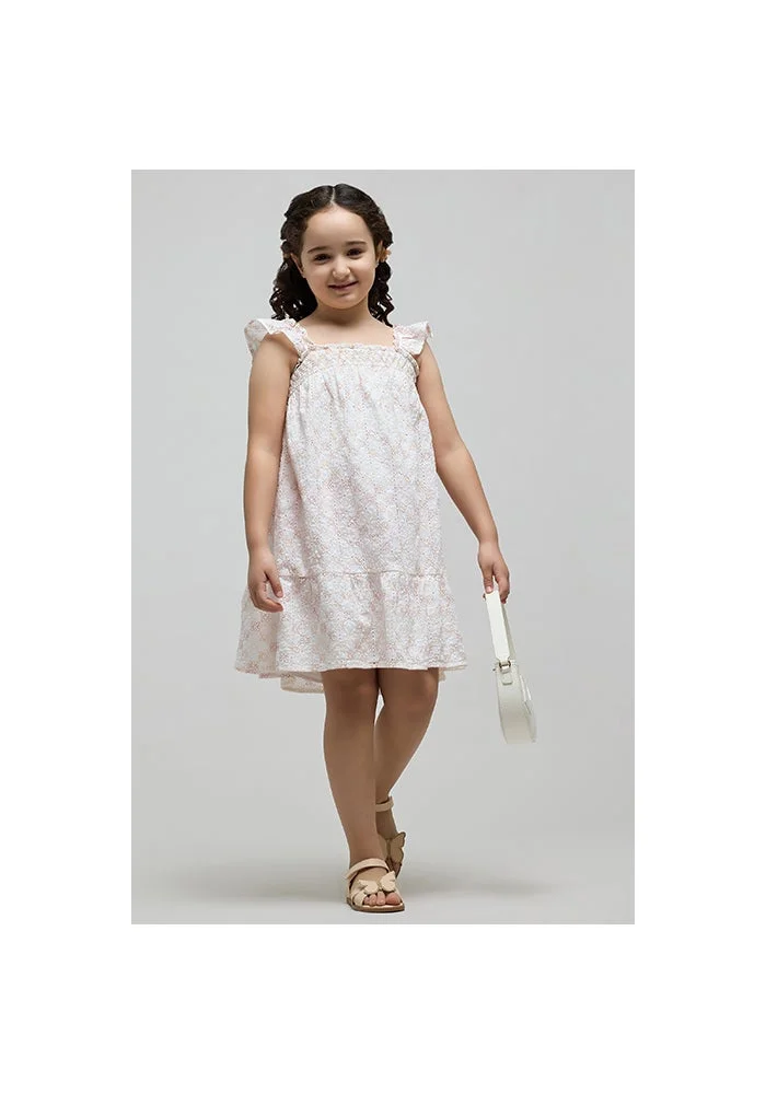 R&b Schiffli Dress with Square Neck and Ruffle Sleeves