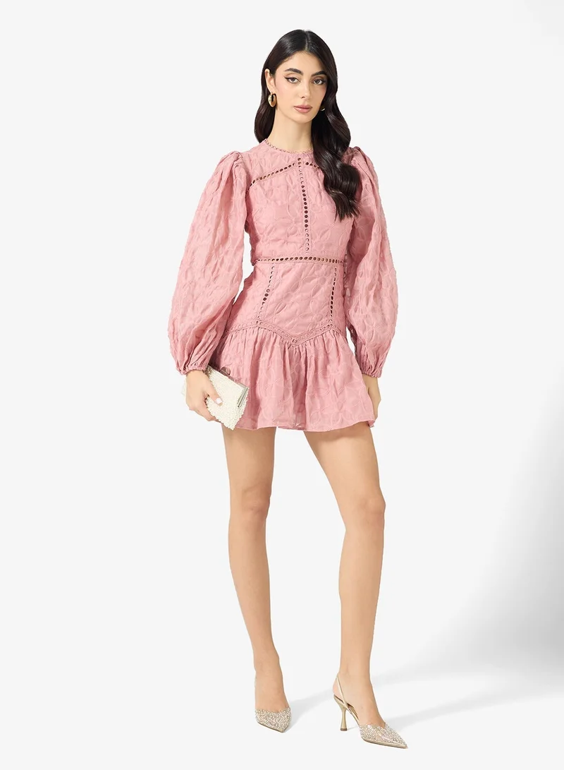 Embroidered Lace Detail Long Sleeve Mini Dress