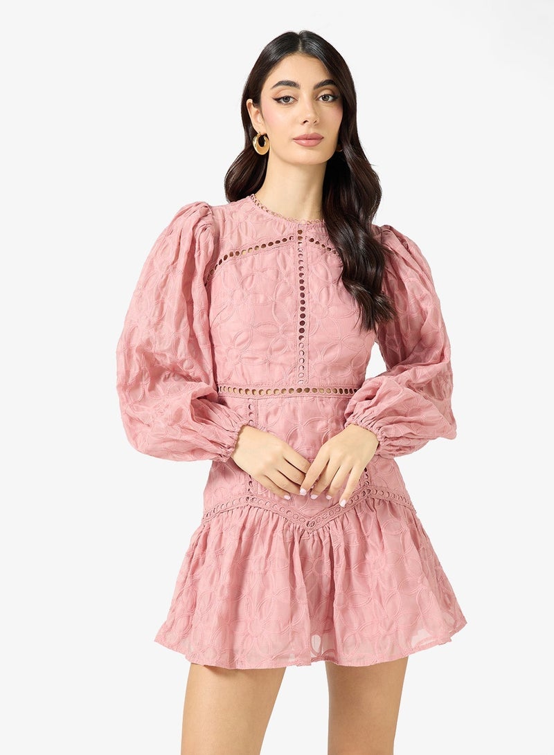 Just Me Embroidered Lace Detail Long Sleeve Mini Dress - Image 3