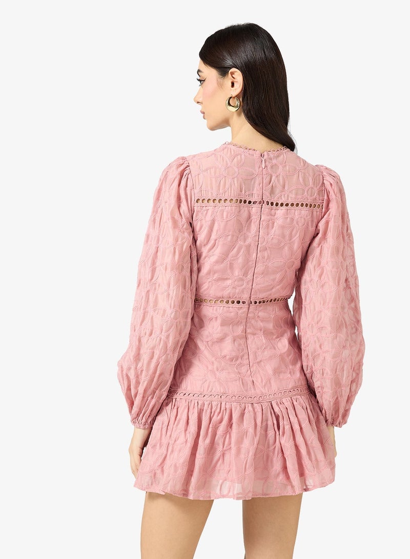 Just Me Embroidered Lace Detail Long Sleeve Mini Dress - Image 4