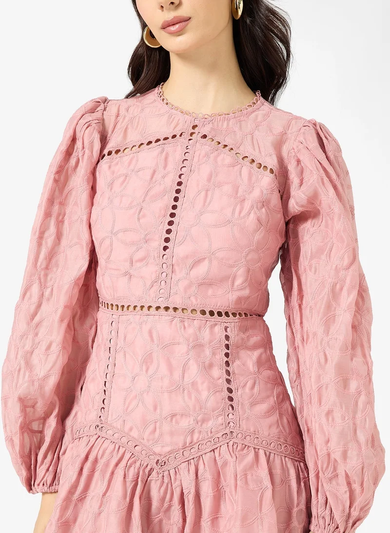 Just Me Embroidered Lace Detail Long Sleeve Mini Dress