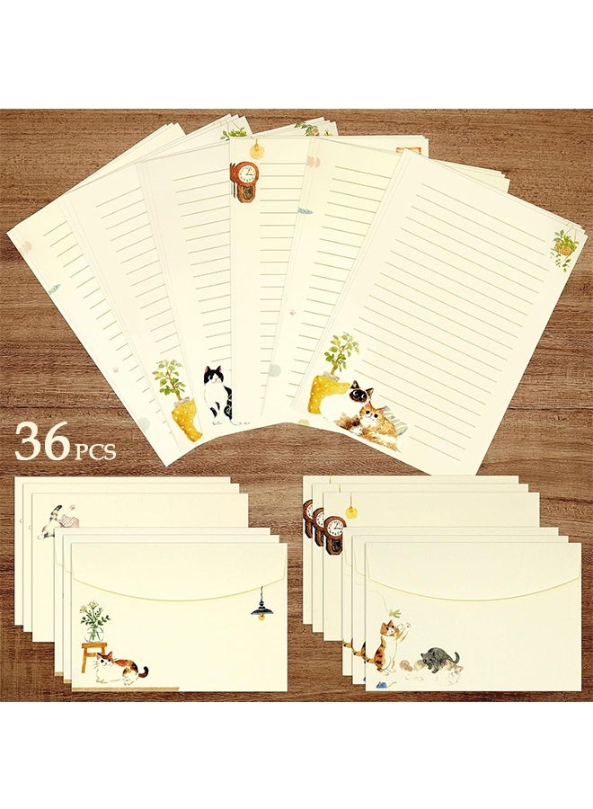 36 PCS Writing Paper and Envelopes Set, Warm Cute Cat Themed Stationary Set Design for Invitations Gift Decorations Holiday Party, 24 Lined Stationery Paper with 12 Envelops - Image 1
