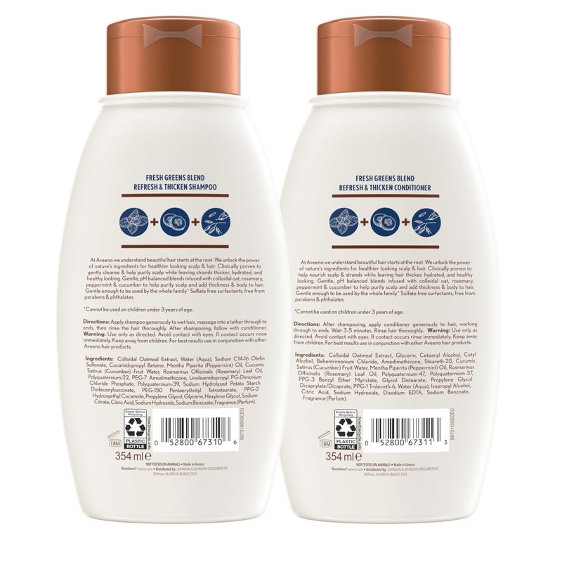 Aveeno Fresh Greens Shampoo and Conditioner Set, Sulfate Free, Clarifying & Volumizing for Thin or Fine Hair, Rosemary Peppermint Cucumber Nourish & Thicken, Color Safe Paraben Free, 12 Fl Oz, 2 Count - Image 2