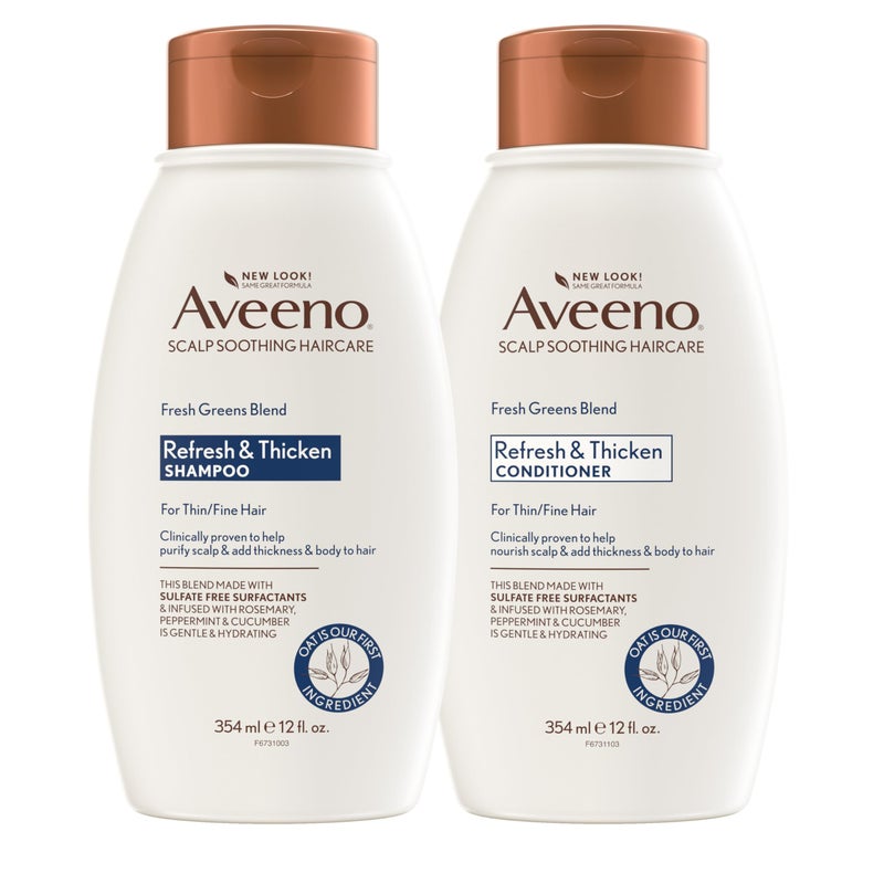 Aveeno Fresh Greens Shampoo and Conditioner Set, Sulfate Free, Clarifying & Volumizing for Thin or Fine Hair, Rosemary Peppermint Cucumber Nourish & Thicken, Color Safe Paraben Free, 12 Fl Oz, 2 Count - Image 1