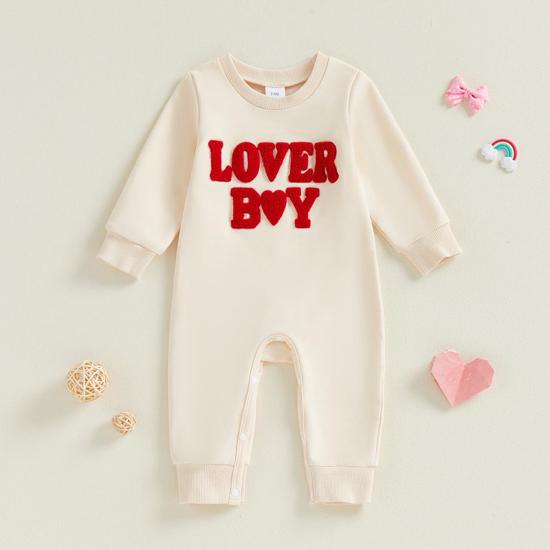 Rourufy Baby Boy Valentines Outfit Newborn One Piece Jumpsuit Long Sleeve Onesie Infant Cute Romper Spring Fall Clothes (A Lover Boy Beige, 3-6 Months) - Image 4