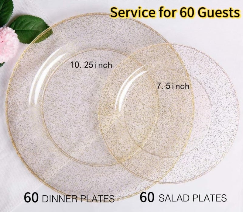 WDF 120PCS Gold Plastic Plates- Disposable Gold Glitter Plates, Premium Heavy Duty 60-10.25" Dinner Plate and 60-7.5" Salad Plate for Wedding Baby Shower Spring Birthday - Image 2