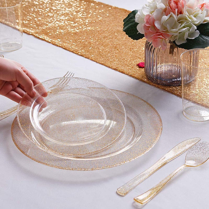 WDF 120PCS Gold Plastic Plates- Disposable Gold Glitter Plates, Premium Heavy Duty 60-10.25" Dinner Plate and 60-7.5" Salad Plate for Wedding Baby Shower Spring Birthday - Image 4