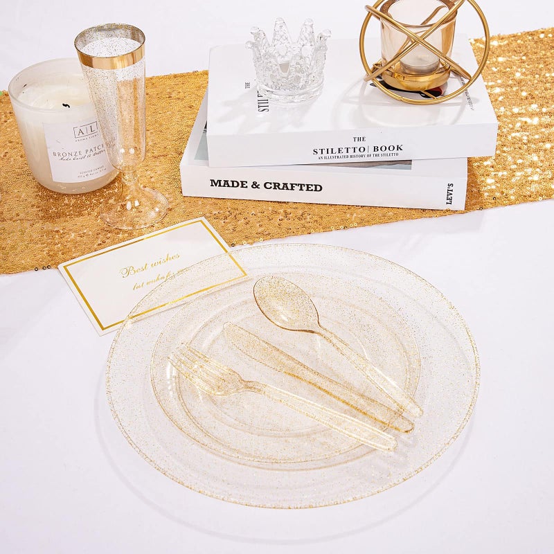 WDF 120PCS Gold Plastic Plates- Disposable Gold Glitter Plates, Premium Heavy Duty 60-10.25" Dinner Plate and 60-7.5" Salad Plate for Wedding Baby Shower Spring Birthday - Image 3