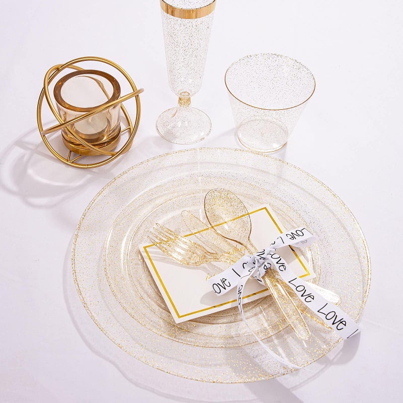 WDF 120PCS Gold Plastic Plates- Disposable Gold Glitter Plates, Premium Heavy Duty 60-10.25" Dinner Plate and 60-7.5" Salad Plate for Wedding Baby Shower Spring Birthday - Image 5