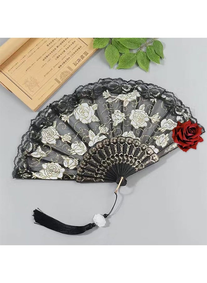 MXN 2 Pcs Hand Fan Lace Rose Handheld, Vintage Retro Flower Large Folding Fan for Women Lace Dancing Gift European Style for Wedding Party Show Cosplay Photo Props Decorations - Image 4