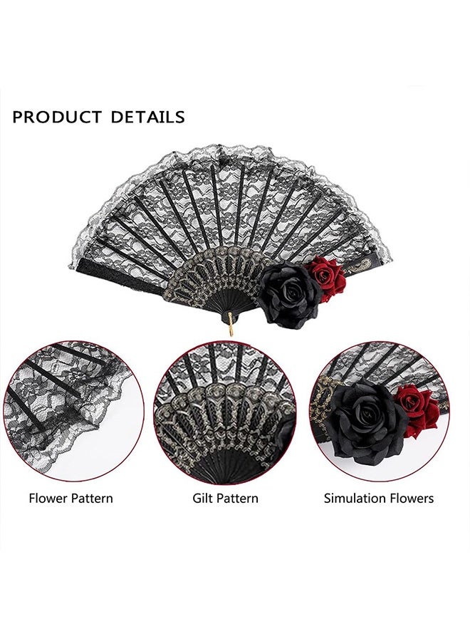 MXN 2 Pcs Hand Fan Lace Rose Handheld, Vintage Retro Flower Large Folding Fan for Women Lace Dancing Gift European Style for Wedding Party Show Cosplay Photo Props Decorations - Image 3