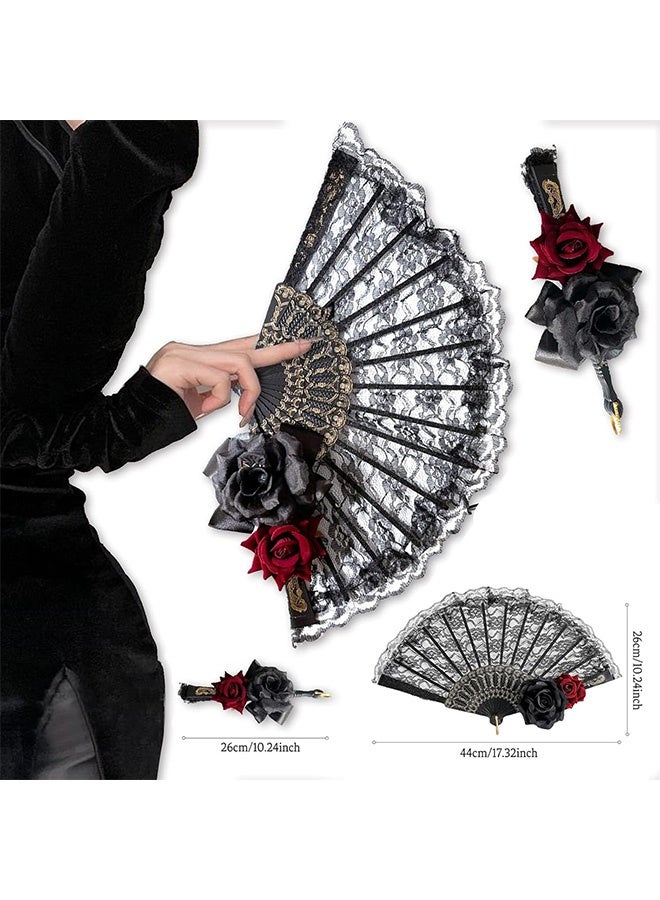 MXN 2 Pcs Hand Fan Lace Rose Handheld, Vintage Retro Flower Large Folding Fan for Women Lace Dancing Gift European Style for Wedding Party Show Cosplay Photo Props Decorations - Image 2