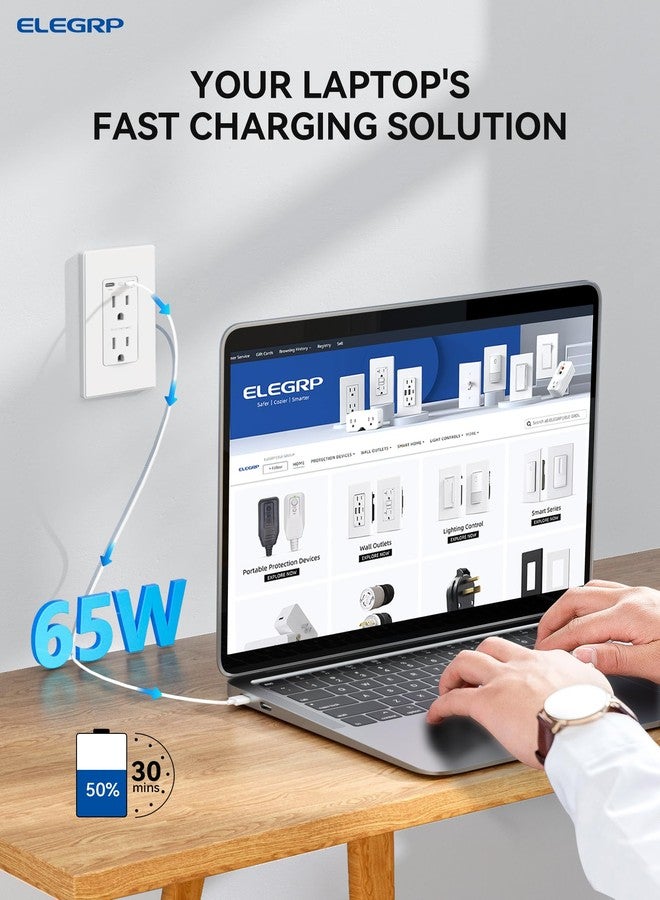 ELEGRP مأخذ كهربائي USB C فائق السرعة 65 واط من ELEGRP للكمبيوتر المحمول، مأخذ حائط 15 أمبير مع منافذ USB C، مأخذ USB مقاوم للتلاعب، لوحة حائط متضمنة، مدرج في UL، عبوة واحدة، أبيض غير لامع - Image 3