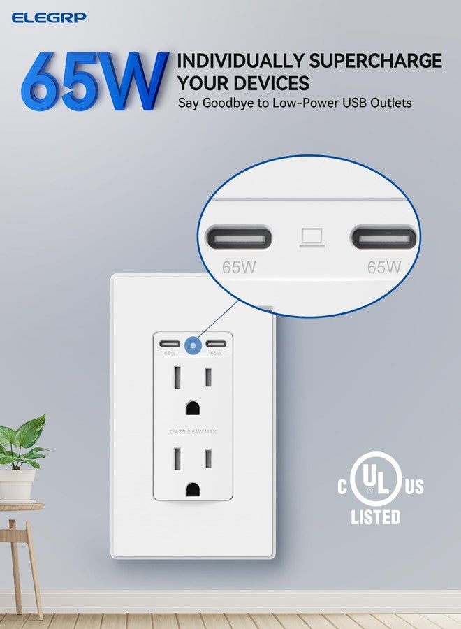 ELEGRP مأخذ كهربائي USB C فائق السرعة 65 واط من ELEGRP للكمبيوتر المحمول، مأخذ حائط 15 أمبير مع منافذ USB C، مأخذ USB مقاوم للتلاعب، لوحة حائط متضمنة، مدرج في UL، عبوة واحدة، أبيض غير لامع - Image 2
