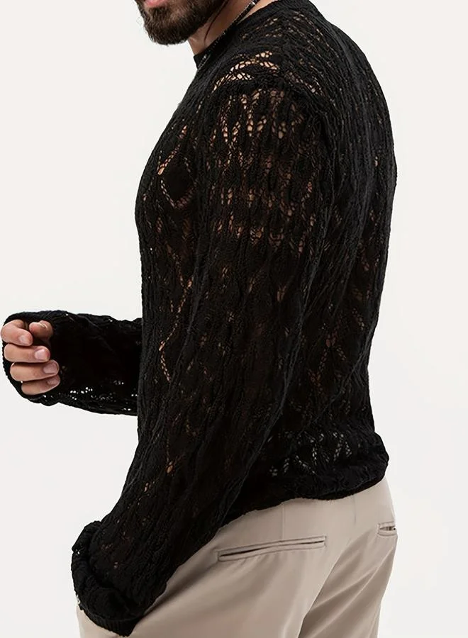 تايك تو تيشيرت محبوك بارز الملمس بأكمام طويلة أسود