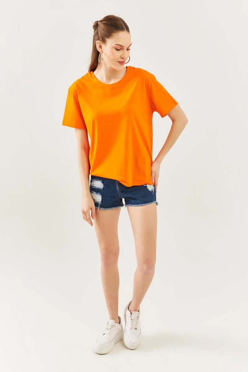 Butikgiz Turuncu Oversize Rahat Pamuklu Penye Bisiklet Yaka Kısa Kol Basic T-Shirt