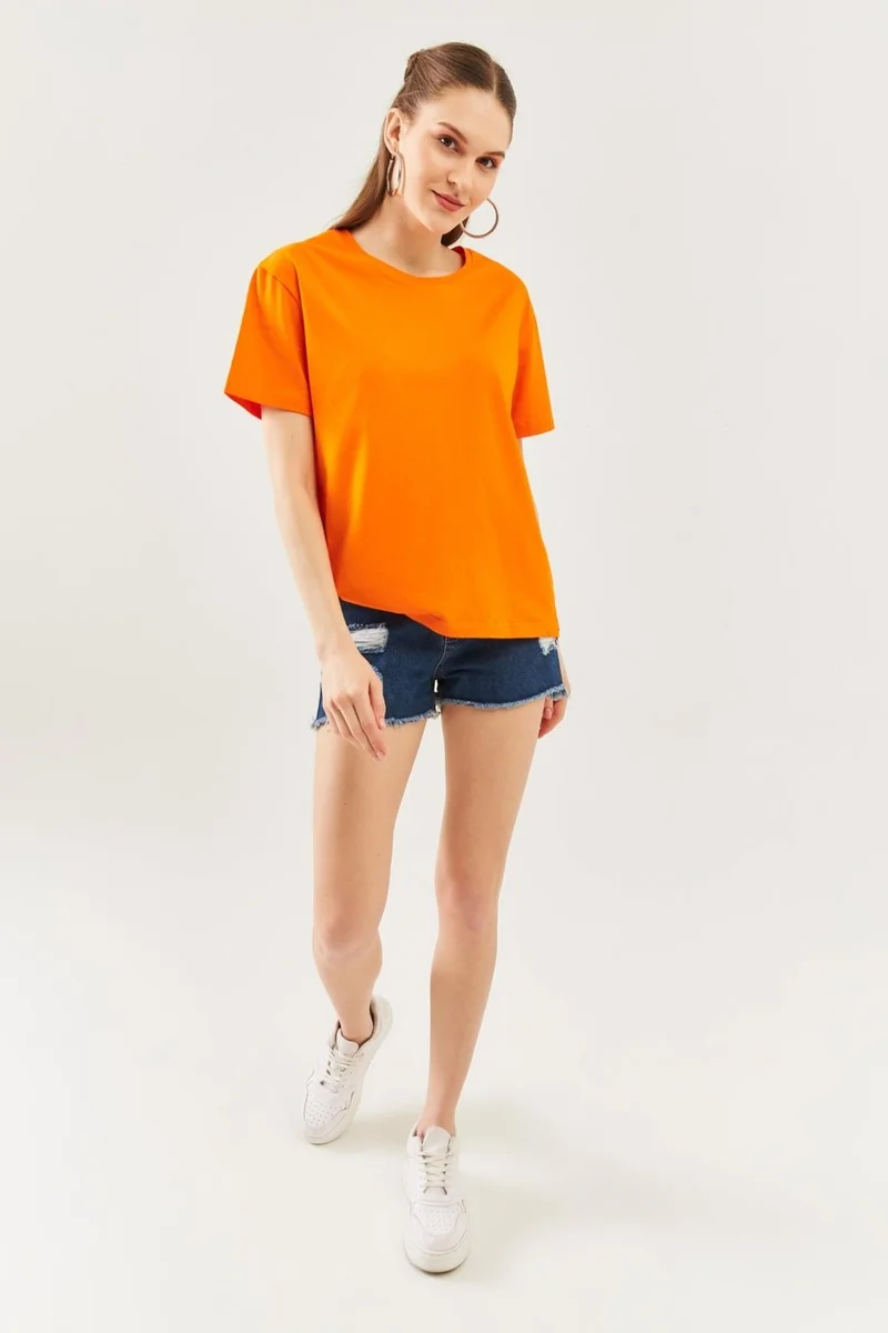 Butikgiz Turuncu Oversize Rahat Pamuklu Penye Bisiklet Yaka Kısa Kol Basic T-Shirt