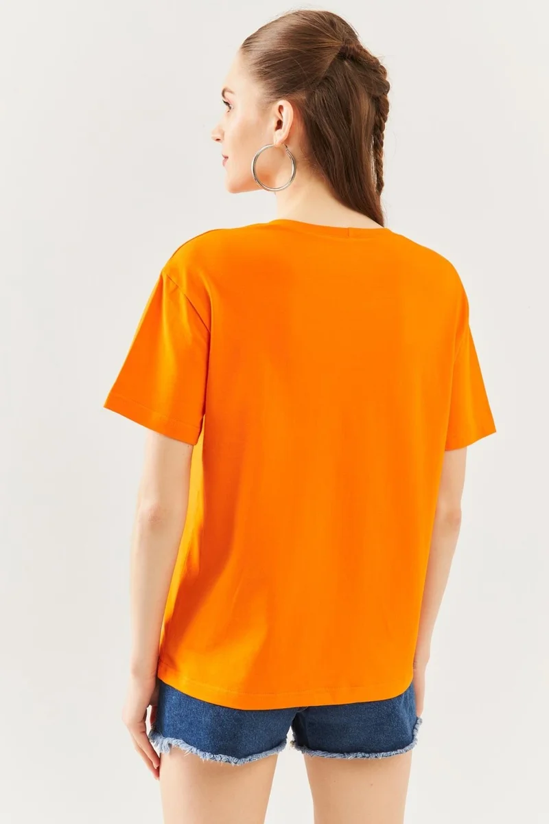 Butikgiz Turuncu Oversize Rahat Pamuklu Penye Bisiklet Yaka Kısa Kol Basic T-Shirt