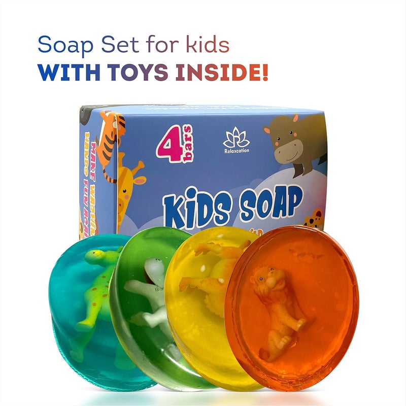 Relaxcation 4 Soap Bars for Kids with Funny Animals Surprise Inside Collect All 12 Wild Animals Toys Moisturizing Childrens Skin Lemon Strawberry Green Apple and Rose Handmade in USA Soap Set for Kids - Image 2
