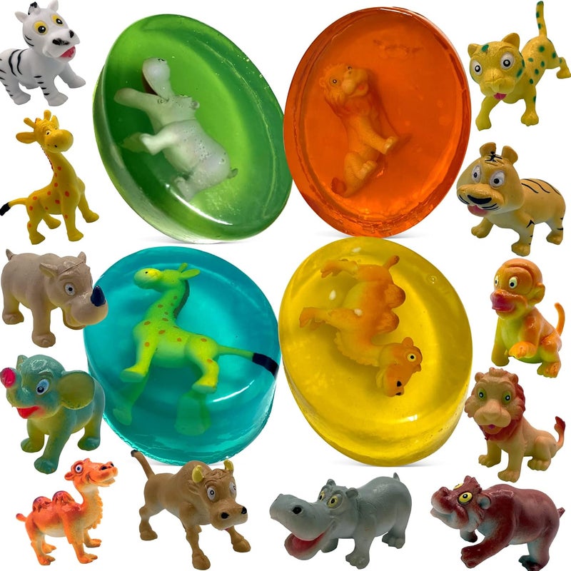 Relaxcation 4 Soap Bars for Kids with Funny Animals Surprise Inside Collect All 12 Wild Animals Toys Moisturizing Childrens Skin Lemon Strawberry Green Apple and Rose Handmade in USA Soap Set for Kids - Image 1