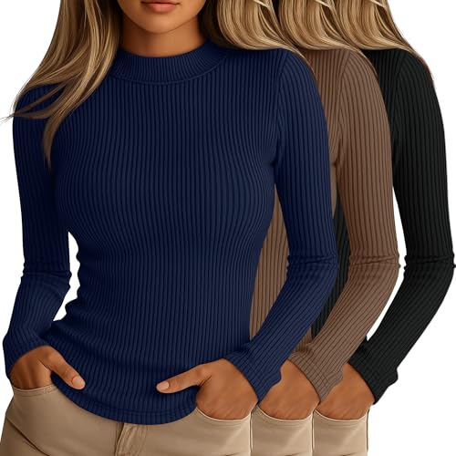 Riyiper 3 Pack Womens Ribbed Shirts Mock Turtleneck Long Sleeve Tops Slim Fitted Undershirts Casual Basic Layering TeesBlack Dark Blue BrownSmall - Image 1