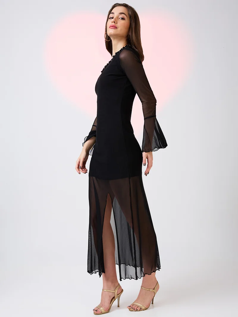 جلو باص فستان سهرة نسائي ضيق بياقة على شكل حرف  وأكمام الجرس وفتحة أمامية وشبكة