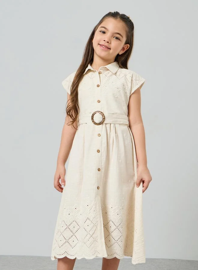 Styli Girls Beige Embroidered Hem A-Line Dress