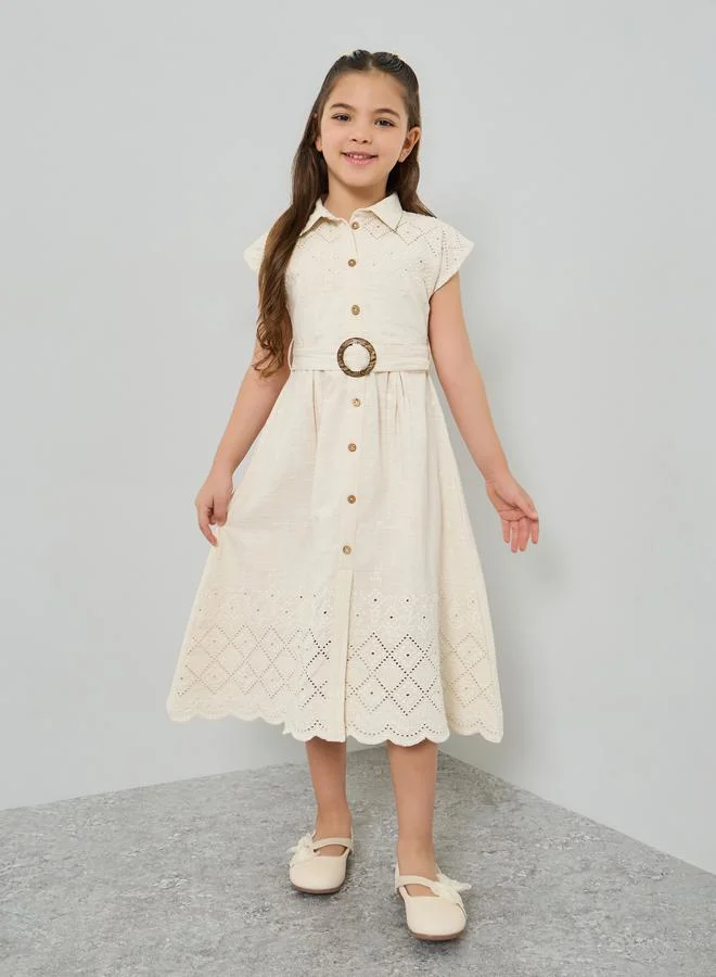 Styli Girls Beige Embroidered Hem A-Line Dress