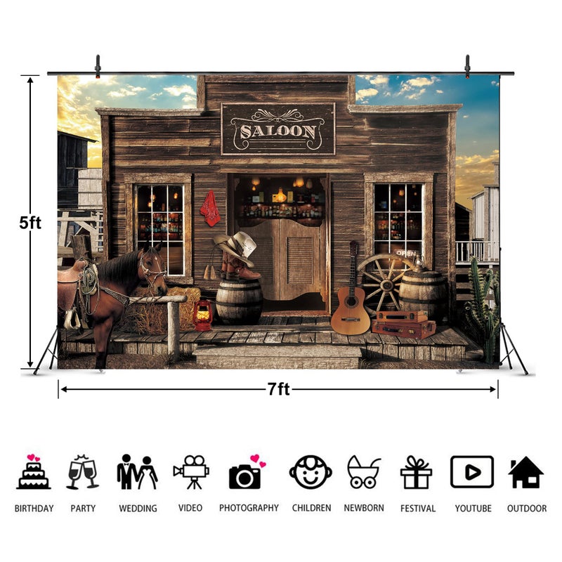 Imirell Western Saloon Cowboy Backdrop 7Wx5H Feet Country Vintage Bar Wild West Ranch Texas Vaque Horse Barn Door Cowgirl Baby Shower Birthday Photography Background Photo Shoot Decor Props Decoration - Image 3