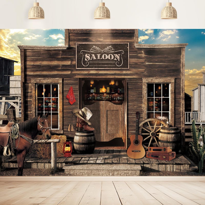 Imirell Western Saloon Cowboy Backdrop 7Wx5H Feet Country Vintage Bar Wild West Ranch Texas Vaque Horse Barn Door Cowgirl Baby Shower Birthday Photography Background Photo Shoot Decor Props Decoration - Image 1