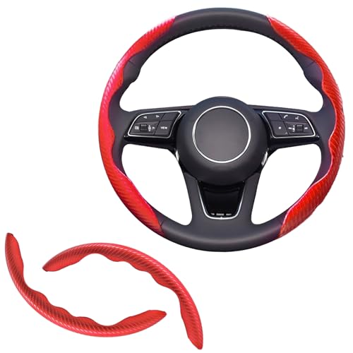 Lunwag 2pcs Universal Fit Carbon Fiber Steering Wheel Cover AntiSkid Steering Wheel CoverSegmented Steering Wheel ProtectorCar Interior Accessories red - Image 1