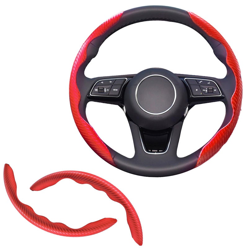 Lunwag 2pcs Universal Fit Carbon Fiber Steering Wheel Cover AntiSkid Steering Wheel CoverSegmented Steering Wheel ProtectorCar Interior Accessories red - Image 3