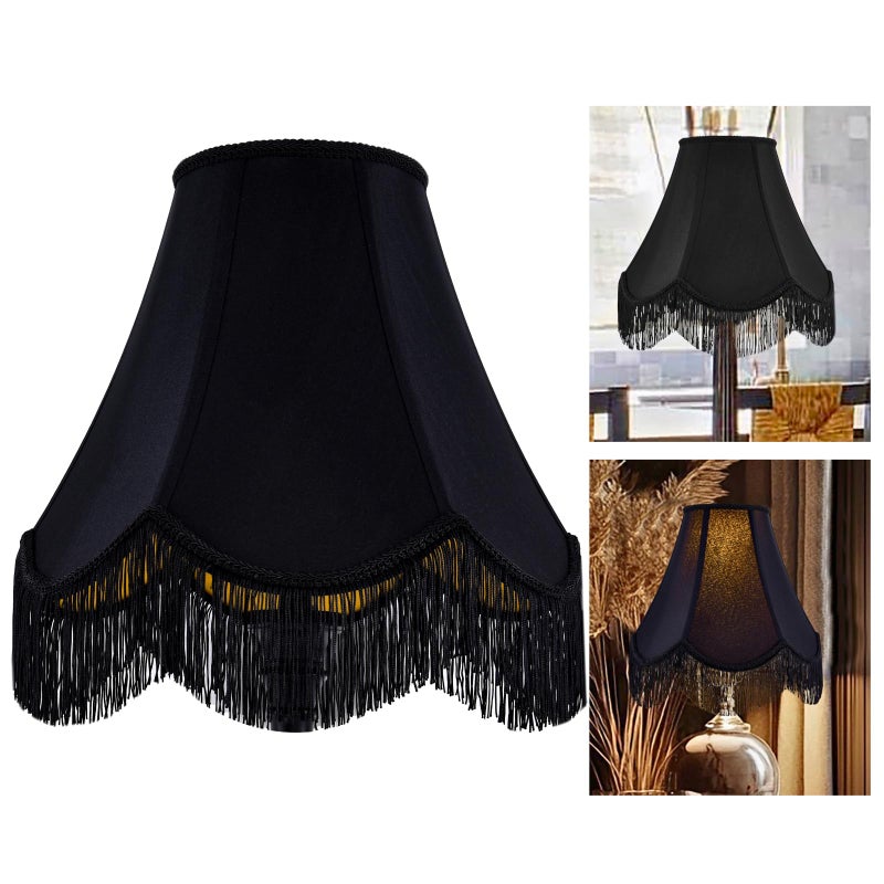 GO&SO Black Silk Bell Lamp Shades Petal Edge Braid with Black Fringe Trim, 6"x13"x10.6"(Spider), Classic Scalloped Lamps Shade Hand Crafted, Replacement Lamp Shades for Table,Floor Lamps,Easy Assembly - Image 1