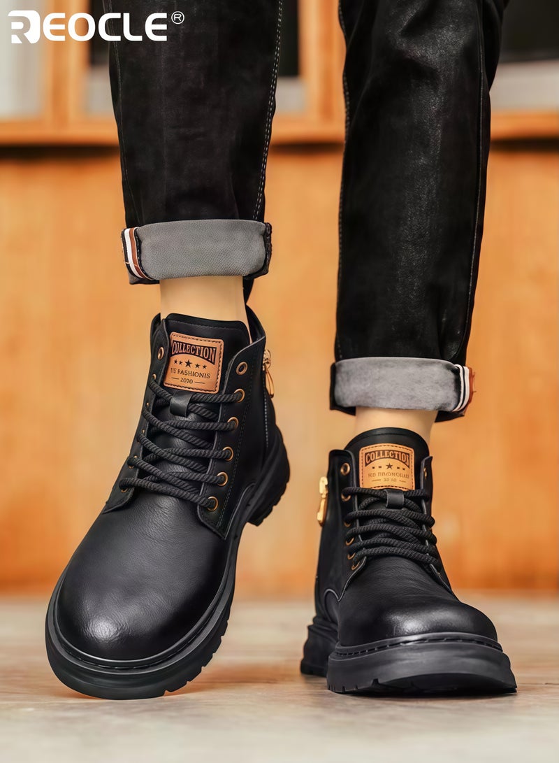 ريوكل أحذية جلدية رجالية برباط للكاحل أحذية عمل متينة عالية الرقبة بتصميم قوي أحذية مريحة للارتداء في الهواء الطلق والارتداء غير الرسمي - Image 1