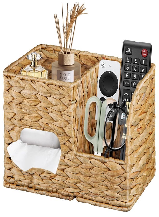 BIBELUN Square Wicker Tissue Box Cover - Decorative Cube Tissue Box Holder with Side Organizer, Rustic Seagrass Tissue Box for Living Room Vanity Night Stand Table Countertop Office,Caramel - Image 1