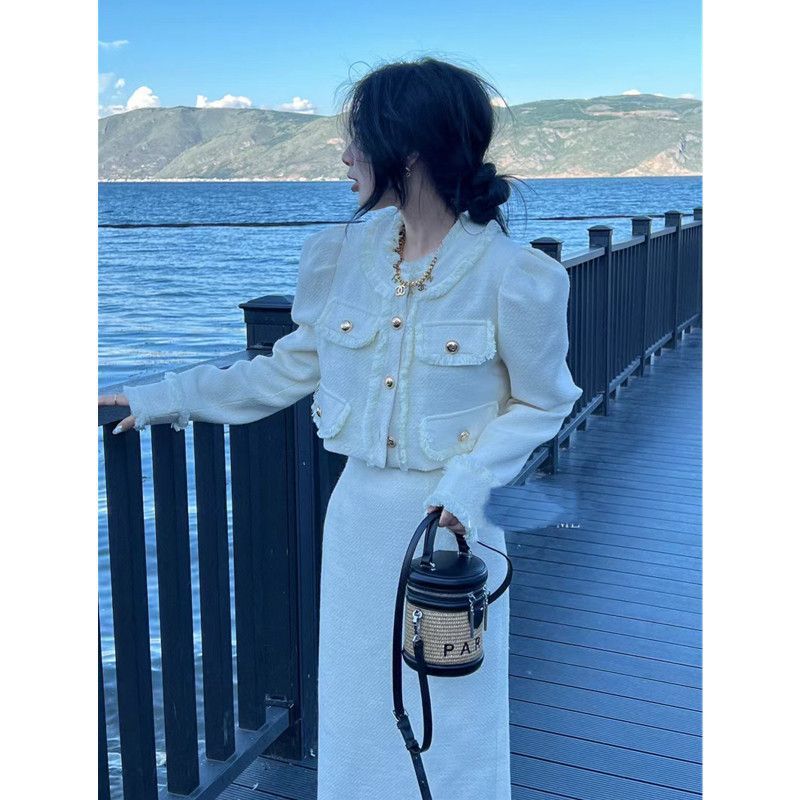 French Chic Puff Sleeve Fringe Coat A-line Midi Skirt Set creamy-white coat dress two-piece [high quality]]