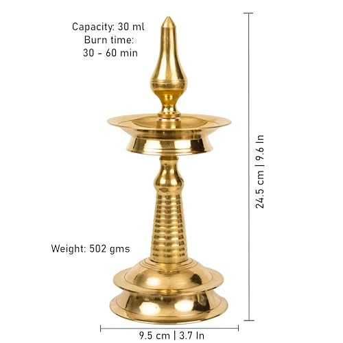 Spillbox Traditional Brass Kerala Kuthu villaku Diya for Puja | Pooja Aarti | Arti Deepak Deepam Oil Lamp for Home Temple Puja Articles Decor Gifts- Kerala Villakku (10 inch, 2) - Image 4
