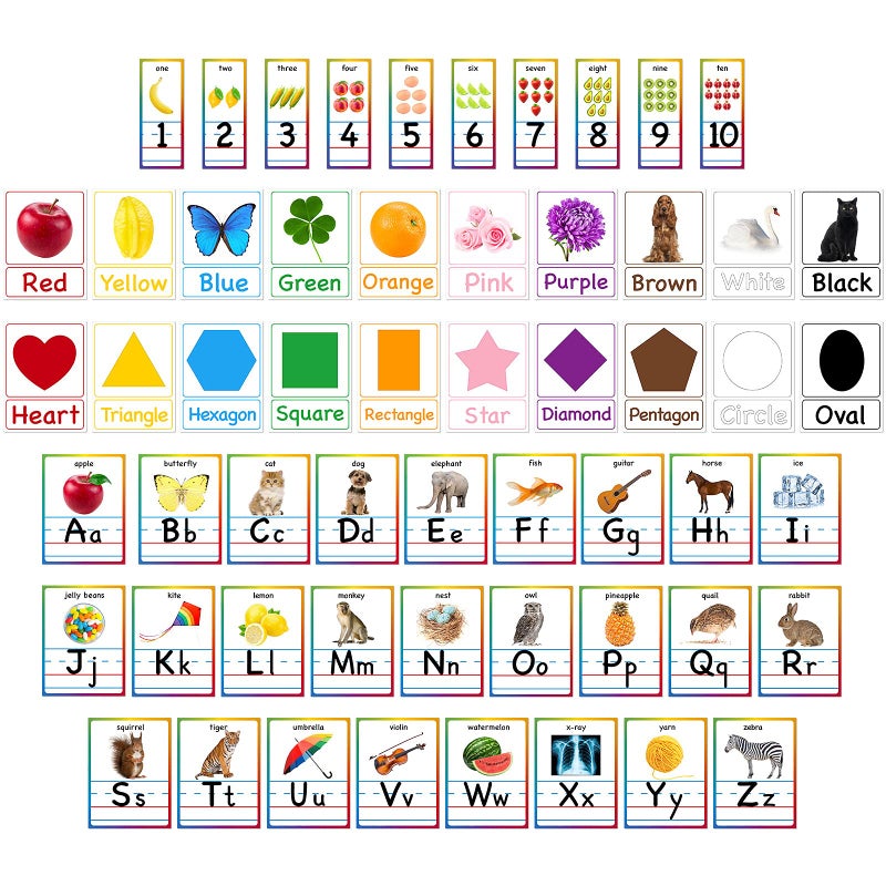 Yisong 56 Pieces Alphabet and Number Bulletin Board Set Educational Bulletin Board Cards Early Learning Colors Shapes Cards Manuscript Alphabet Number Posters for Kindergarten Classroom Decorations