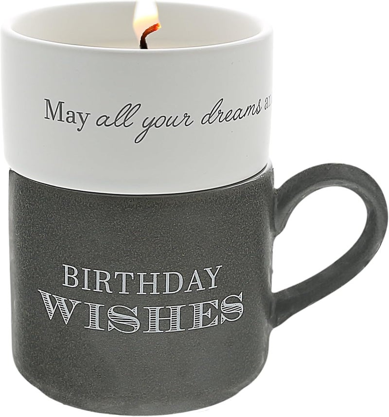 Pavilion Gift Company Pavilion Gift Company - Birthday Wishes - 4 Oz Candle & 10.8 Oz Mug Gray & Cream Neutral Stackable To: From: Tag Gift Set