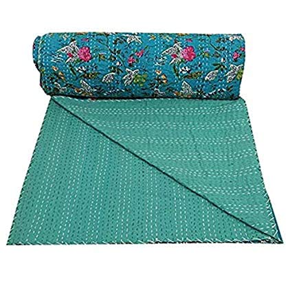 Textile art فن النسيج بطانية قطن هندية مصنوعة يدويًا بطباعة الجنة كانثا بطانية قطنية وغطاء سرير تركواز 90x60 - Image 2