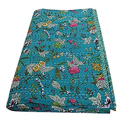 Textile art فن النسيج بطانية قطن هندية مصنوعة يدويًا بطباعة الجنة كانثا بطانية قطنية وغطاء سرير تركواز 90x60 - Image 1