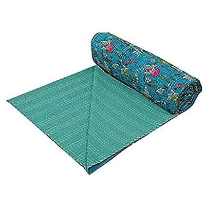 Textile art فن النسيج بطانية قطن هندية مصنوعة يدويًا بطباعة الجنة كانثا بطانية قطنية وغطاء سرير تركواز 90x60 - Image 3