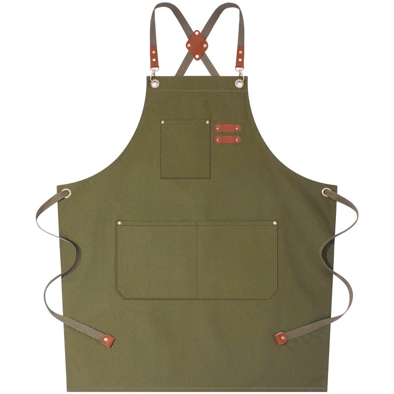 AFUN Chef Aprons for Women Men with Large Pockets, Cotton Canvas Cross Back Water Repellent Work Apron, Size M to XXL (Greygreen) - Image 1