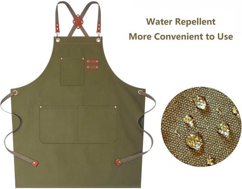 AFUN Chef Aprons for Women Men with Large Pockets, Cotton Canvas Cross Back Water Repellent Work Apron, Size M to XXL (Greygreen) - Image 5