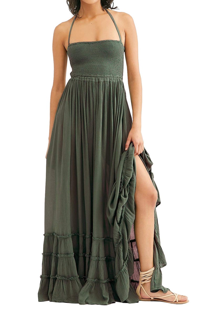 R.Vivimos Womens Summer Boho Sexy Backless Long Dresses (X-Large, Army Green) - Image 1
