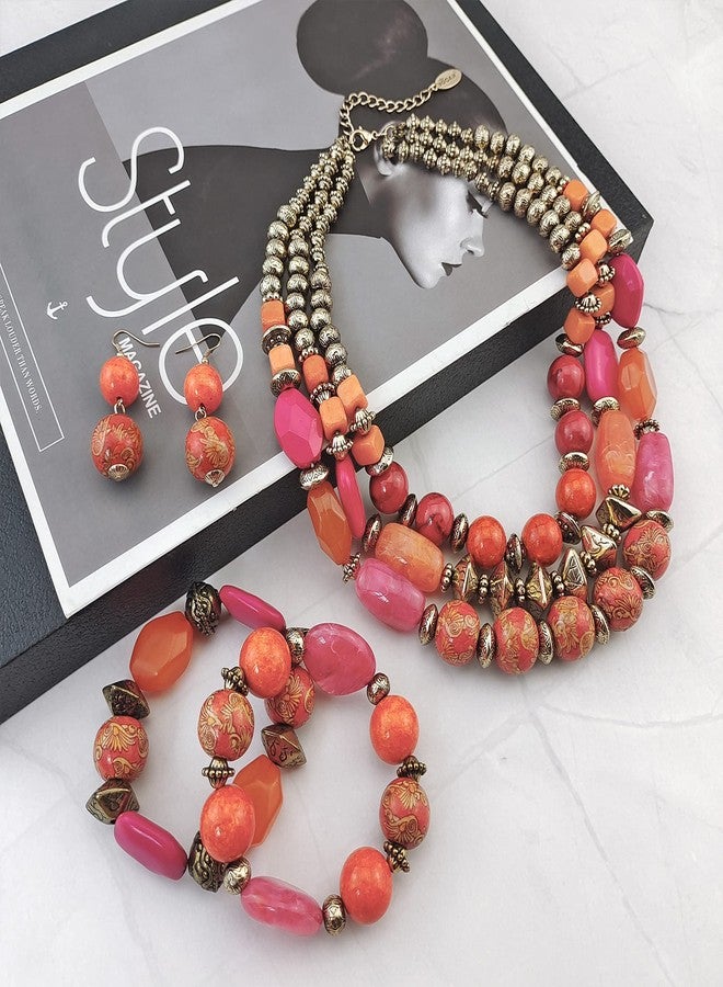 بوكار طقم بوكار مكون من 3 طبقات من الخرز السميك، عقد وأقراط وسوار، قلادة نسائية متعددة الطبقات (NK-10625+er+br) - Image 5