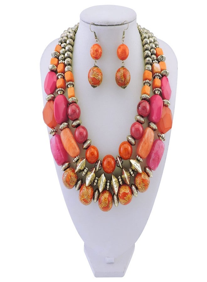 بوكار طقم بوكار مكون من 3 طبقات من الخرز السميك، عقد وأقراط وسوار، قلادة نسائية متعددة الطبقات (NK-10625+er+br) - Image 2