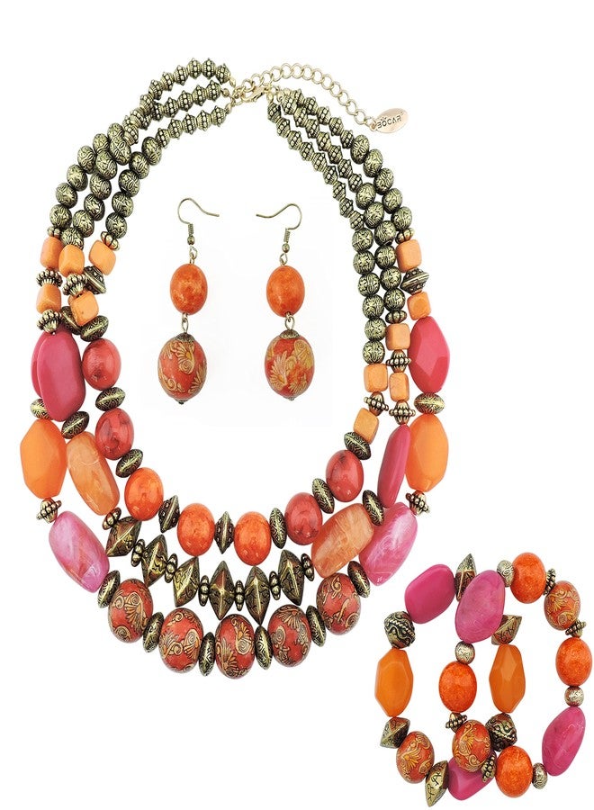 بوكار طقم بوكار مكون من 3 طبقات من الخرز السميك، عقد وأقراط وسوار، قلادة نسائية متعددة الطبقات (NK-10625+er+br) - Image 4