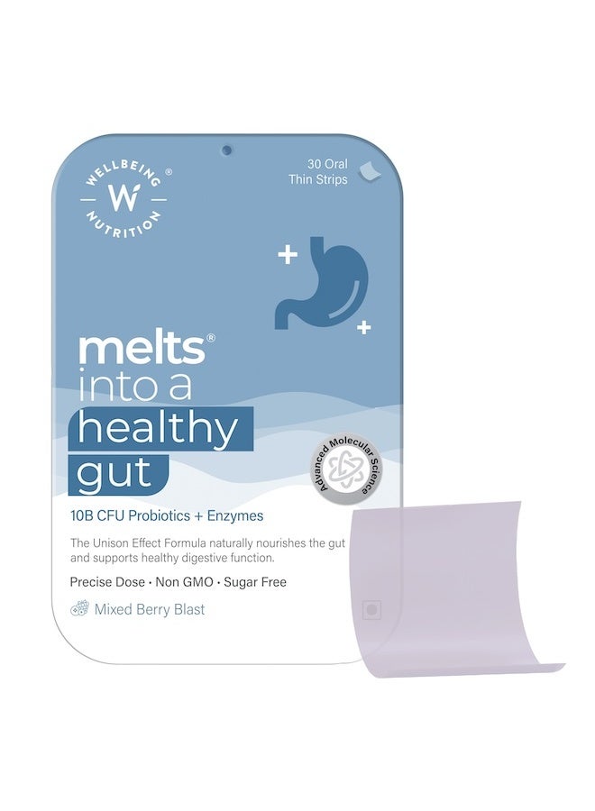 WELLBEING NUTRITION Melts Healthy Gut | 10B CFU Probiotics, Digestive Enzymes, FOS | For Indigestion, Gas, Acidity and Bloating, Gut Health, 30 Oral Strips - Image 1